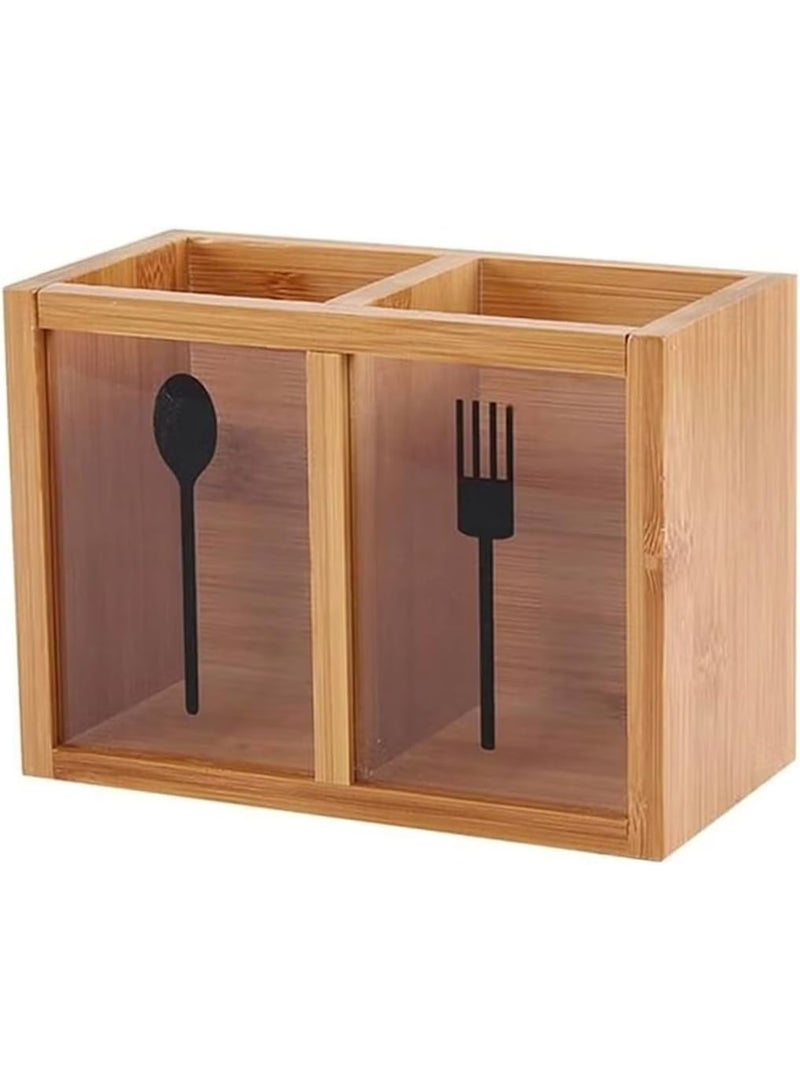 أوركيد منظم أدوات مائدة خشبي على شكل زهرة الأوركيد، صندوق تخزين للملاعق والشوك والسكاكين بألواح شفافة، حامل أدوات مطبخ من الخيزران لطاولة الطعام وسطح العمل، حامل أدوات مائدة المطبخ - Image 1